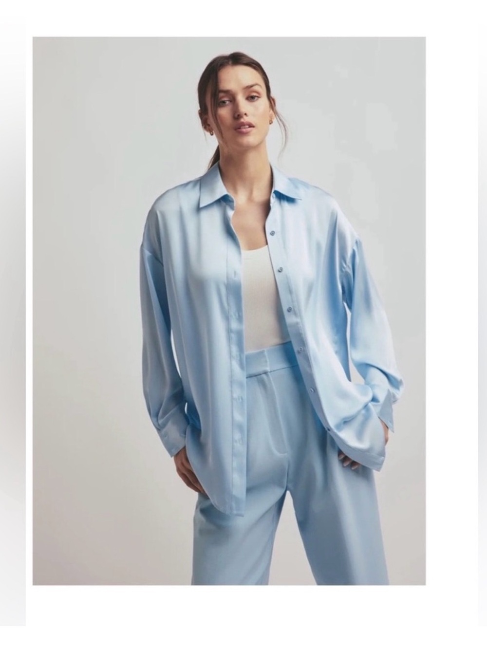 Favorite Daughter Satin Button-Down Shirt in Light Blue